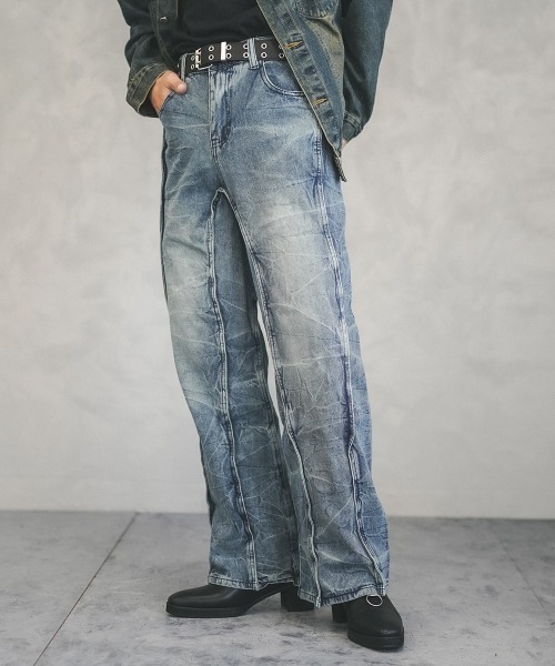 Shoowtime(ショウタイム)の「Cut design vintage wash wide denim pants / カットデザインビンテージウォッシュワイドデニムパンツ(デニムパンツ・メンズ・ブルー・SMALL/MEDIUM/LARGE/X-LARGE)」の4枚目の写真