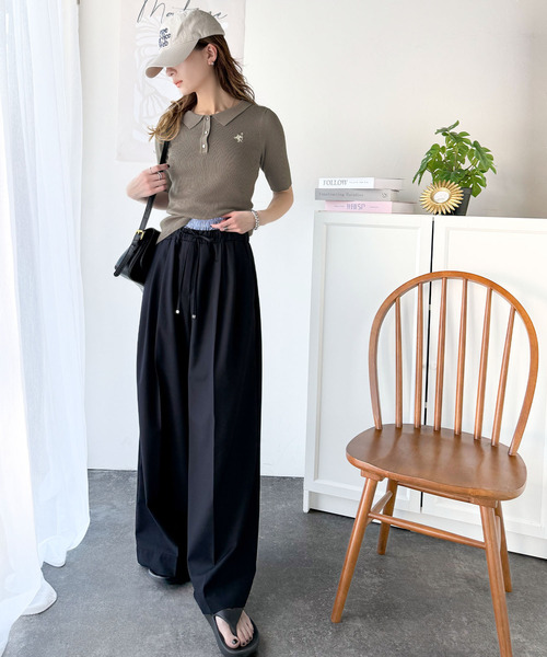 classicalelf（クラシカルエルフ）の「衿付きデザインが旬♪ワンポイント刺繍ゴールドボタン五分袖リブポロニットシャツ（ポロシャツ・レディース・オフホワイト/イエロー/チャコール/ブラウン/グレイッシュベージュ/ブラック・X-LARGE/SMALL/MEDIUM/LARGE）」の20枚目の写真