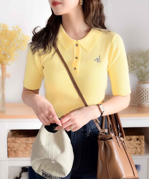 classicalelf（クラシカルエルフ）の「衿付きデザインが旬♪ワンポイント刺繍ゴールドボタン五分袖リブポロニットシャツ（ポロシャツ・レディース・オフホワイト/イエロー/チャコール/ブラウン/グレイッシュベージュ/ブラック・X-LARGE/SMALL/MEDIUM/LARGE）」の12枚目の写真