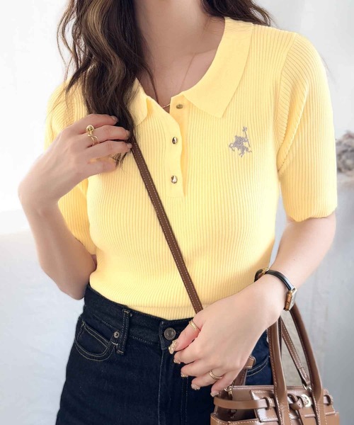classicalelf（クラシカルエルフ）の「衿付きデザインが旬♪ワンポイント刺繍ゴールドボタン五分袖リブポロニットシャツ（ポロシャツ・レディース・オフホワイト/イエロー/チャコール/ブラウン/グレイッシュベージュ/ブラック・X-LARGE/SMALL/MEDIUM/LARGE）」の18枚目の写真