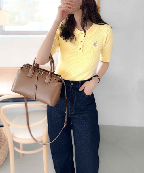 classicalelf（クラシカルエルフ）の「衿付きデザインが旬♪ワンポイント刺繍ゴールドボタン五分袖リブポロニットシャツ（ポロシャツ・レディース・オフホワイト/イエロー/チャコール/ブラウン/グレイッシュベージュ/ブラック・X-LARGE/SMALL/MEDIUM/LARGE）」の16枚目の写真