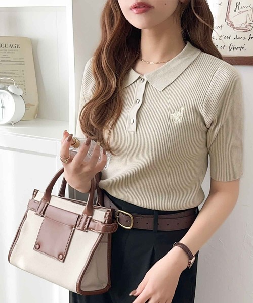 classicalelf（クラシカルエルフ）の「衿付きデザインが旬♪ワンポイント刺繍ゴールドボタン五分袖リブポロニットシャツ（ポロシャツ・レディース・オフホワイト/イエロー/チャコール/ブラウン/グレイッシュベージュ/ブラック・X-LARGE/SMALL/MEDIUM/LARGE）」の9枚目の写真