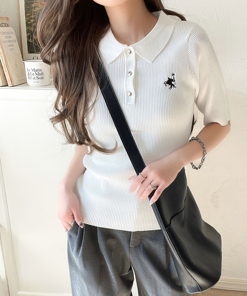 classicalelf（クラシカルエルフ）の「衿付きデザインが旬♪ワンポイント刺繍ゴールドボタン五分袖リブポロニットシャツ（ポロシャツ・レディース・オフホワイト/イエロー/チャコール/ブラウン/グレイッシュベージュ/ブラック・X-LARGE/SMALL/MEDIUM/LARGE）」の7枚目の写真