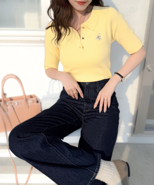 classicalelf（クラシカルエルフ）の「衿付きデザインが旬♪ワンポイント刺繍ゴールドボタン五分袖リブポロニットシャツ（ポロシャツ・レディース・オフホワイト/イエロー/チャコール/ブラウン/グレイッシュベージュ/ブラック・X-LARGE/SMALL/MEDIUM/LARGE）」の15枚目の写真