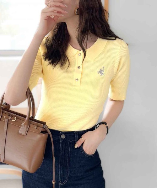 classicalelf（クラシカルエルフ）の「衿付きデザインが旬♪ワンポイント刺繍ゴールドボタン五分袖リブポロニットシャツ（ポロシャツ・レディース・オフホワイト/イエロー/チャコール/ブラウン/グレイッシュベージュ/ブラック・X-LARGE/SMALL/MEDIUM/LARGE）」の13枚目の写真
