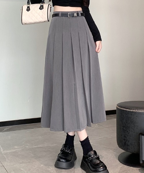 Teem Store(チームストア)の「【ベルト付】タックプリーツロングスカート(スカート・レディース・ブラック/グレー・S/M/L)」の2枚目の写真