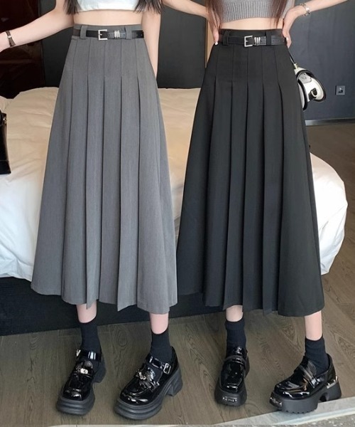 Teem Store(チームストア)の「【ベルト付】タックプリーツロングスカート(スカート・レディース・ブラック/グレー・S/M/L)」の7枚目の写真