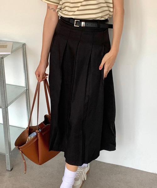 Teem Store(チームストア)の「【ベルト付】タックプリーツロングスカート(スカート・レディース・ブラック/グレー・S/M/L)」の3枚目の写真