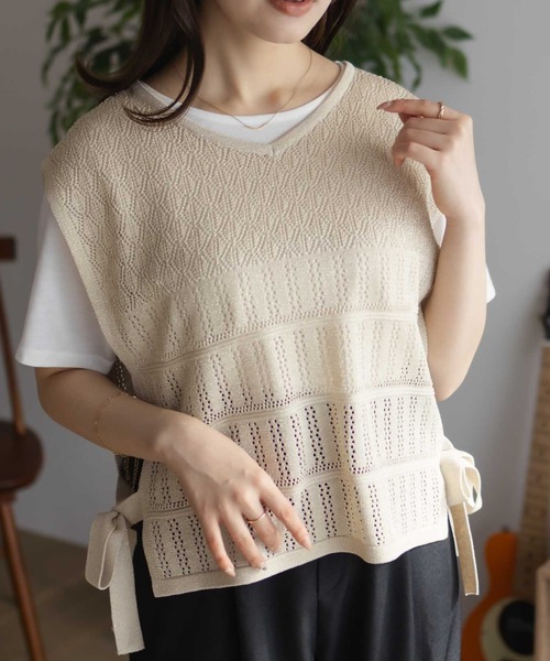 NAVY(ネイビー)の「NAVY サイドリボンニットアンサンブル(アンサンブル・レディース・ネイビー系1/ライトグレー系1/ベージュ系1・M/L)」の1枚目の写真