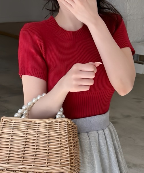 ROYAL PARTY(ロイヤルパーティー)の「ウォッシャブルコンパクト半袖ニットトップス(ニット/セーター・レディース・グレー/レッド/ブラック/マルチ/オフホワイト・FREE)」の4枚目の写真