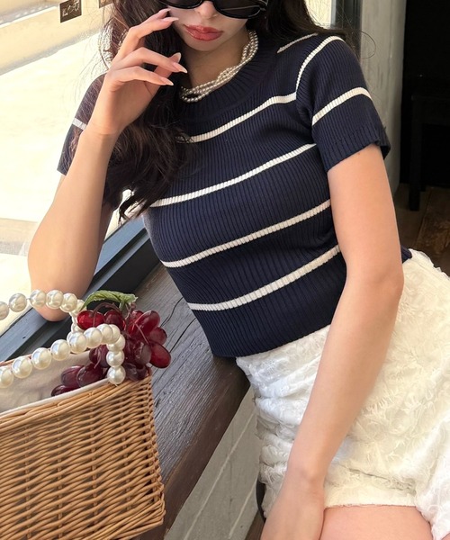 ROYAL PARTY(ロイヤルパーティー)の「ウォッシャブルコンパクト半袖ニットトップス(ニット/セーター・レディース・グレー/レッド/ブラック/マルチ/オフホワイト・FREE)」の5枚目の写真