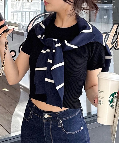 ROYAL PARTY(ロイヤルパーティー)の「ウォッシャブルコンパクト半袖ニットトップス(ニット/セーター・レディース・グレー/レッド/ブラック/マルチ/オフホワイト・FREE)」の2枚目の写真