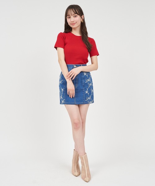 ROYAL PARTY(ロイヤルパーティー)の「ウォッシャブルコンパクト半袖ニットトップス(ニット/セーター・レディース・グレー/レッド/ブラック/マルチ/オフホワイト・FREE)」の7枚目の写真