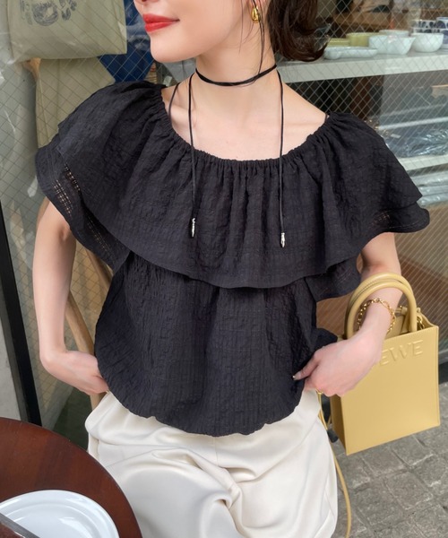 hinari ヒナリ　シアーチェックフリルカラーブラウス　ブラック　新品未使用 シアーチェックフリルカラーブラウス（シャツ/ブラウス