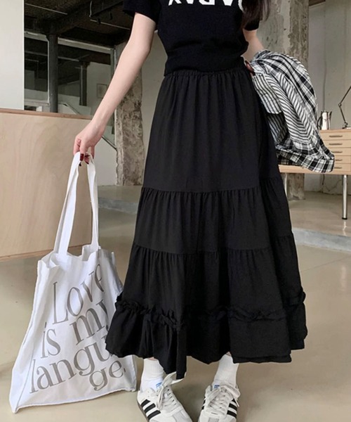 shopnikoniko（ショップニコニコ）の「ロングスカート 白 黒 フリル ティアード ロング ボリューム スカート（スカート・レディース・ホワイト/ブラック・フリー）」の8枚目の写真