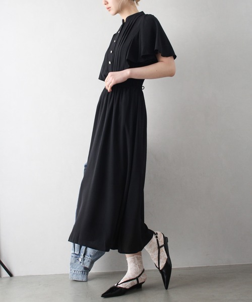 フレアスリーブ シンプル ブラック ワンピース S〜XXL セール】ピンタックフレアスリーブワンピース（ワンピース