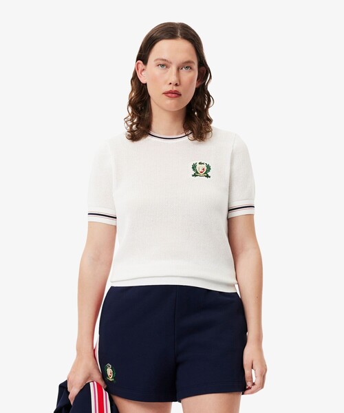 LACOSTE(ラコステ)の「エンブレム刺繍 フレンチメイドメッシュニット半袖Tシャツ(ニット/セーター・レディース・ホワイト・40/38/36/34)」の5枚目の写真