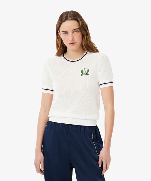 LACOSTE(ラコステ)の「エンブレム刺繍 フレンチメイドメッシュニット半袖Tシャツ(ニット/セーター・レディース・ホワイト・40/38/36/34)」の2枚目の写真