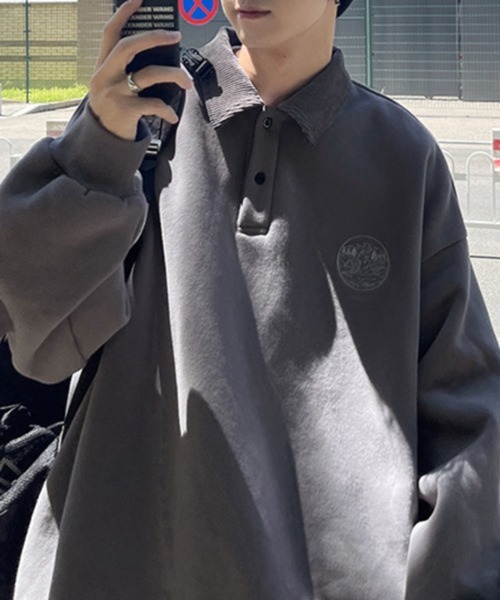 CERCA（チェルカ）の「【NOWLE】ワンポイント ハーフボタン プルオーバー 裏起毛 ポロ スウェット（スウェット・メンズ・ブラック・MEDIUM/LARGE）」の5枚目の写真