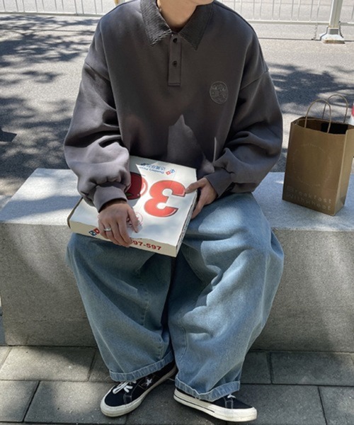 CERCA（チェルカ）の「【NOWLE】ワンポイント ハーフボタン プルオーバー 裏起毛 ポロ スウェット（スウェット・メンズ・ブラック・MEDIUM/LARGE）」の6枚目の写真