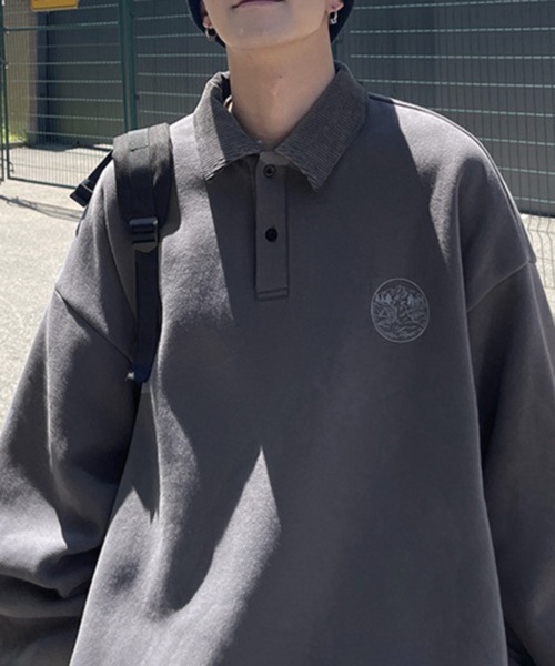 CERCA（チェルカ）の「【NOWLE】ワンポイント ハーフボタン プルオーバー 裏起毛 ポロ スウェット（スウェット・メンズ・ブラック・MEDIUM/LARGE）」の8枚目の写真