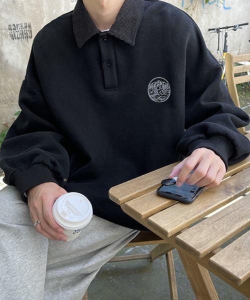 CERCA（チェルカ）の「【NOWLE】ワンポイント ハーフボタン プルオーバー 裏起毛 ポロ スウェット（スウェット・メンズ・ブラック・MEDIUM/LARGE）」の13枚目の写真