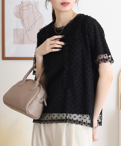 Anna Nicola(アンナニコラ)の「Anna Nicola ドットチュールフリルトップス 半袖カットソー(Tシャツ/カットソー・レディース・ブラック/ライトグレー/ベージュ・38)」の4枚目の写真