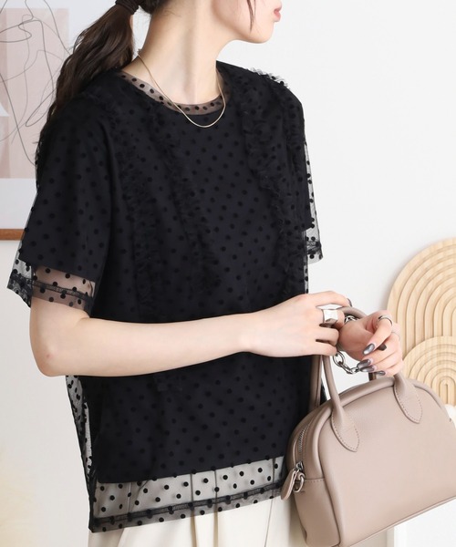 Anna Nicola(アンナニコラ)の「Anna Nicola ドットチュールフリルトップス 半袖カットソー(Tシャツ/カットソー・レディース・ブラック/ライトグレー/ベージュ・38)」の6枚目の写真
