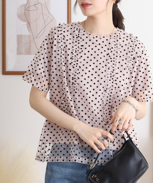 Anna Nicola(アンナニコラ)の「Anna Nicola ドットチュールフリルトップス 半袖カットソー(Tシャツ/カットソー・レディース・ブラック/ライトグレー/ベージュ・38)」の12枚目の写真