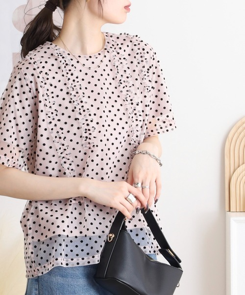Anna Nicola(アンナニコラ)の「Anna Nicola ドットチュールフリルトップス 半袖カットソー(Tシャツ/カットソー・レディース・ブラック/ライトグレー/ベージュ・38)」の14枚目の写真
