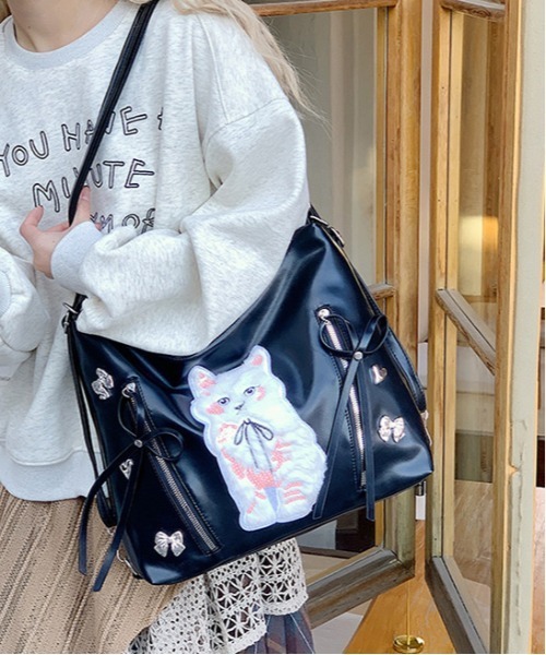 gossip!ロサンゼルス(ゴシップロサンゼルス)の「Y2K風 ネコ刺繍 リボン ショルダーバッグ 3WAY(ショルダーバッグ・レディース・シルバー/ブラック・FREE)」の17枚目の写真