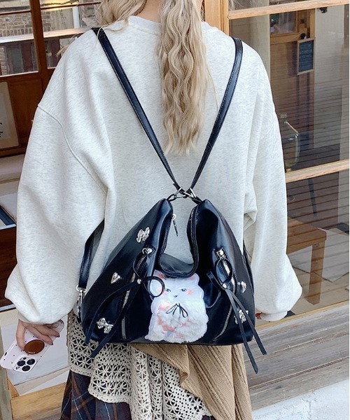 gossip!ロサンゼルス(ゴシップロサンゼルス)の「Y2K風 ネコ刺繍 リボン ショルダーバッグ 3WAY(ショルダーバッグ・レディース・シルバー/ブラック・FREE)」の18枚目の写真