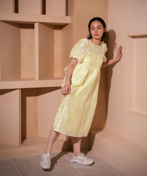 ANDRESD】bubble sleeve jacquard dress［バブルスリーブ