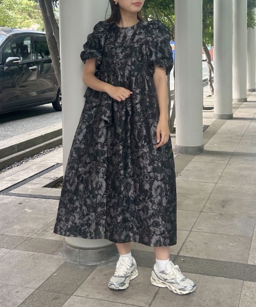 ANDRESD】bubble sleeve jacquard dress［バブルスリーブ