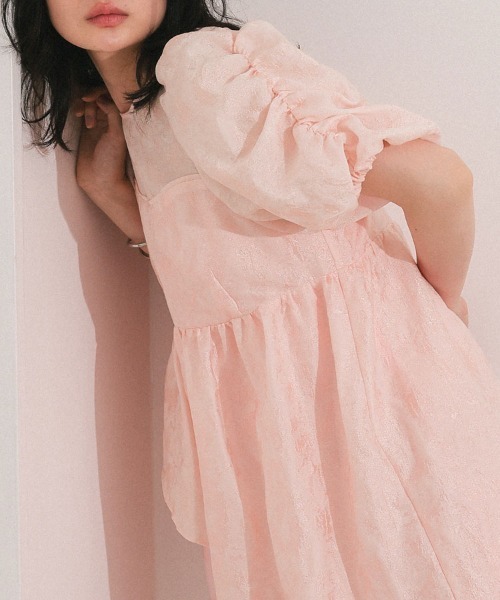 ANDRESED バブルスリーブジャガードドレス/pink bubble sleeve jacquard dress / バブルスリーブジャガード