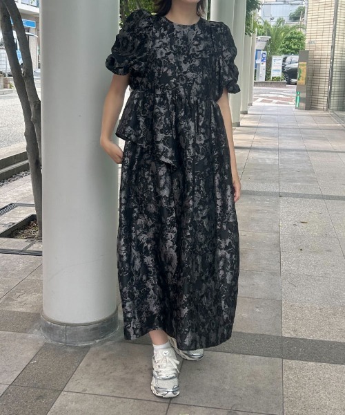 9月7日までSALE❗ANDRESDバブルスリーブジャガードドレス　ブラック　M バブルスリーブジャガードドレス / bubble sleeve jacquard