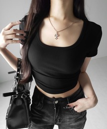 me+em select（ミームセレクト）の「【 ２color 】スクエアネックショートスリム半袖Ｔシャツ ／ square neck short slim sleeve T-shirt（Tシャツ/カットソー・レディース）」