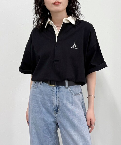 tシャツ ワンポイント刺繍半袖ラガーシャツ レディース セール】ワンポイント刺繍半袖ラガーシャツ（Tシャツ/カットソー