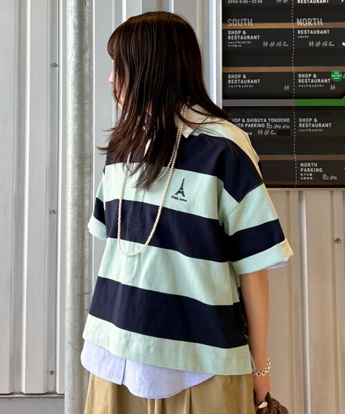 tシャツ ワンポイント刺繍半袖ラガーシャツ レディース セール】ワンポイント刺繍半袖ラガーシャツ（Tシャツ/カットソー