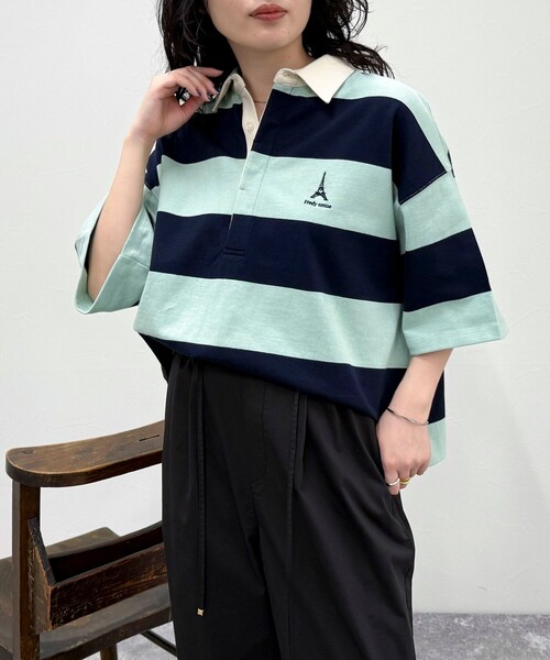 tシャツ ワンポイント刺繍半袖ラガーシャツ レディース セール】ワンポイント刺繍半袖ラガーシャツ（Tシャツ/カットソー