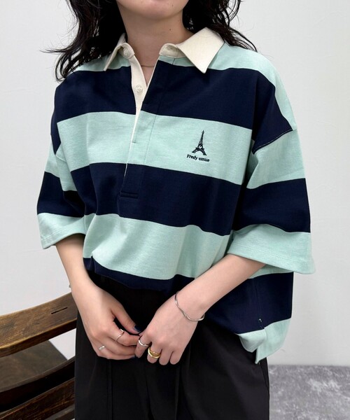 美品 カンタベリー 太ボーダー ワンポイント ロゴ刺繍 半袖 ラガーシャツ XL セール】ワンポイント刺繍半袖ラガーシャツ（Tシャツ/カットソー