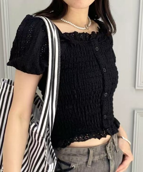 mebole(メボレ)の「パフスリーブフリルショートトップス(Tシャツ/カットソー・レディース・ピンク/ブラック/ホワイト・FREE)」の3枚目の写真