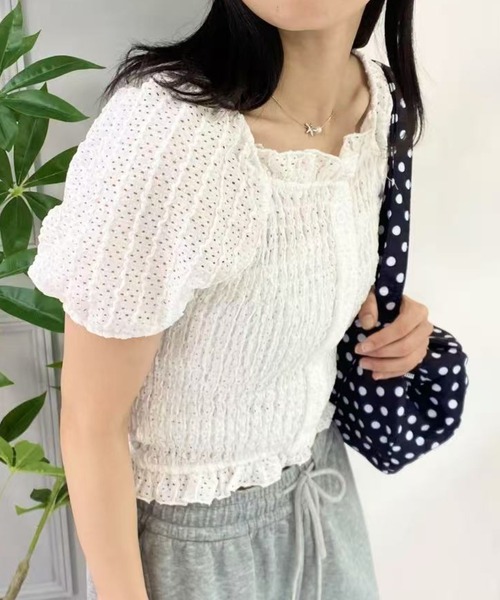 mebole(メボレ)の「パフスリーブフリルショートトップス(Tシャツ/カットソー・レディース・ピンク/ブラック/ホワイト・FREE)」の7枚目の写真