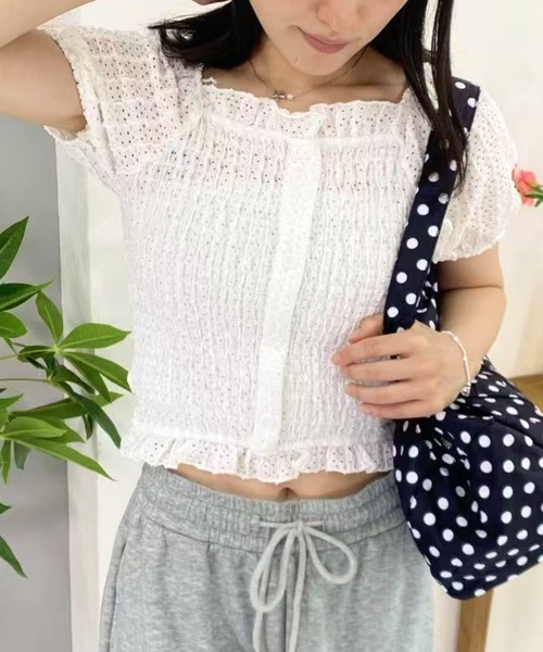 mebole(メボレ)の「パフスリーブフリルショートトップス(Tシャツ/カットソー・レディース・ピンク/ブラック/ホワイト・FREE)」の8枚目の写真