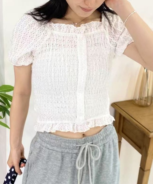 mebole(メボレ)の「パフスリーブフリルショートトップス(Tシャツ/カットソー・レディース・ピンク/ブラック/ホワイト・FREE)」の12枚目の写真