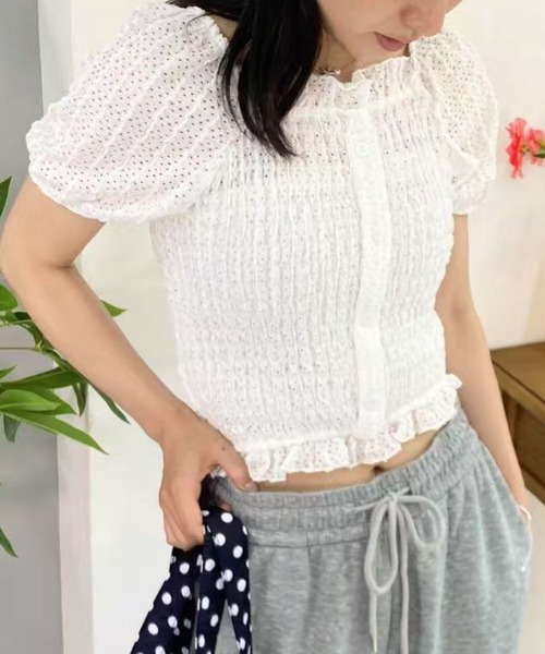mebole(メボレ)の「パフスリーブフリルショートトップス(Tシャツ/カットソー・レディース・ピンク/ブラック/ホワイト・FREE)」の13枚目の写真