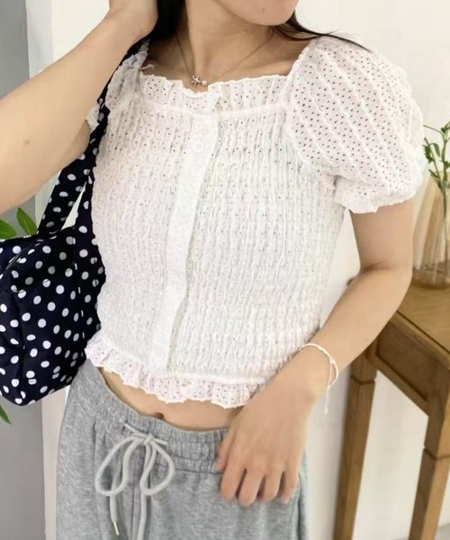 mebole(メボレ)の「パフスリーブフリルショートトップス(Tシャツ/カットソー・レディース・ピンク/ブラック/ホワイト・FREE)」の15枚目の写真