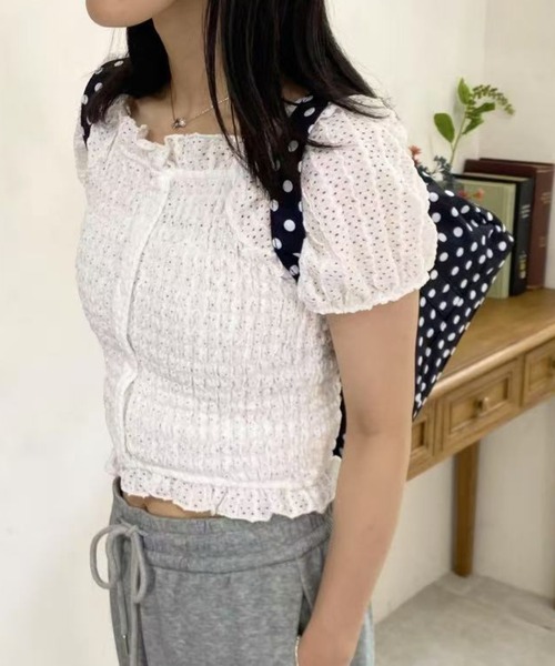 mebole(メボレ)の「パフスリーブフリルショートトップス(Tシャツ/カットソー・レディース・ピンク/ブラック/ホワイト・FREE)」の17枚目の写真