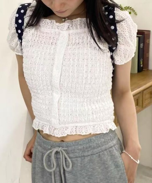 mebole(メボレ)の「パフスリーブフリルショートトップス(Tシャツ/カットソー・レディース・ピンク/ブラック/ホワイト・FREE)」の18枚目の写真