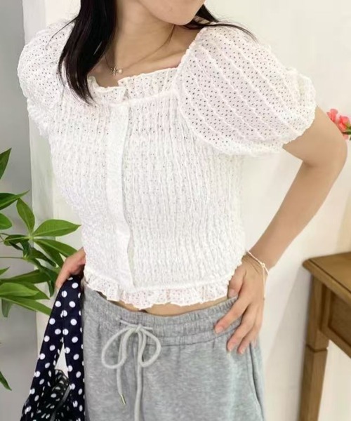 mebole(メボレ)の「パフスリーブフリルショートトップス(Tシャツ/カットソー・レディース・ピンク/ブラック/ホワイト・FREE)」の5枚目の写真